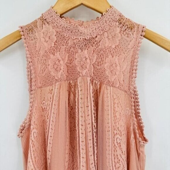 Altar'd State Pink Lace Overlay Green Keyhole Boho Wedding Sheath Small Dress - Picture 2 of 8